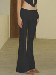 Solid Ruffled Trim Tie Up Flare Leg Pants