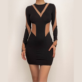 Long sleeve crewneck mesh patchwork contrast mini dress - Final Sale