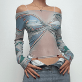 Long sleeve off shoulder sheer mesh ruched contrast top