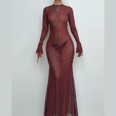 Long flared sleeve tiger print sheer mesh backless maxi dress
