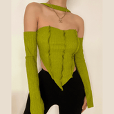 Long sleeve off shoulder patchwork halter top