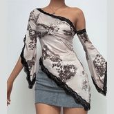Long flared sleeve lace hem off shoulder o ring ruched print irregular top