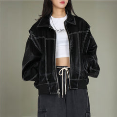 Black Contrast Stitch Leather Bomber Jacket