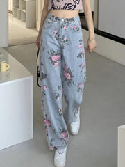 Washed Floral Print Boyfriend Jeans