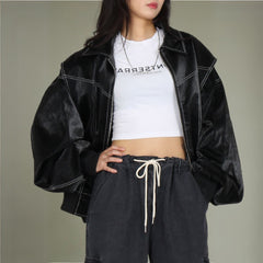 Black Contrast Stitch Leather Bomber Jacket