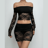 Long sleeve off shoulder lace see through mini skirt set