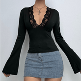 Long flared sleeve deep V neck lace hem top