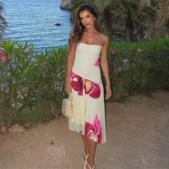 Tyra Orchid Print Strapless Midi Dress