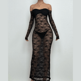 Long sleeve lace off shoulder see through solid maxi dress
