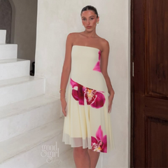 Tyra Orchid Print Strapless Midi Dress