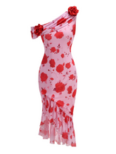 Gemma One-Shoulder Rose Print Midi Dress