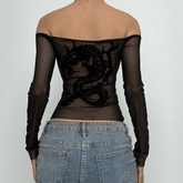 Long sleeve off shoulder dragon print sheer mesh top