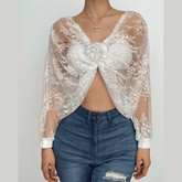 Long puff sleeve lace see through flower applique backless crop top