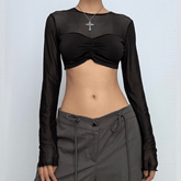 Long sleeve crewneck mesh ruched crop top