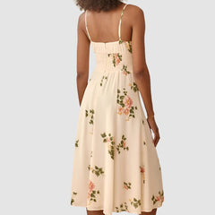 Beige Floral Front Tie Midi Dress