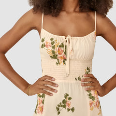 Beige Floral Front Tie Midi Dress