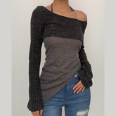 Long sleeve contrast halter o ring self tie irregular 2 piece crop top - Final Sale