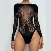 Long sleeve net rhinestone backless bodysuit