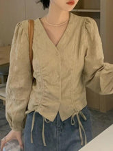 Lace Up Button Front Long Sleeve Blouse