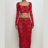 Long sleeve lace see through solid midi skirt set