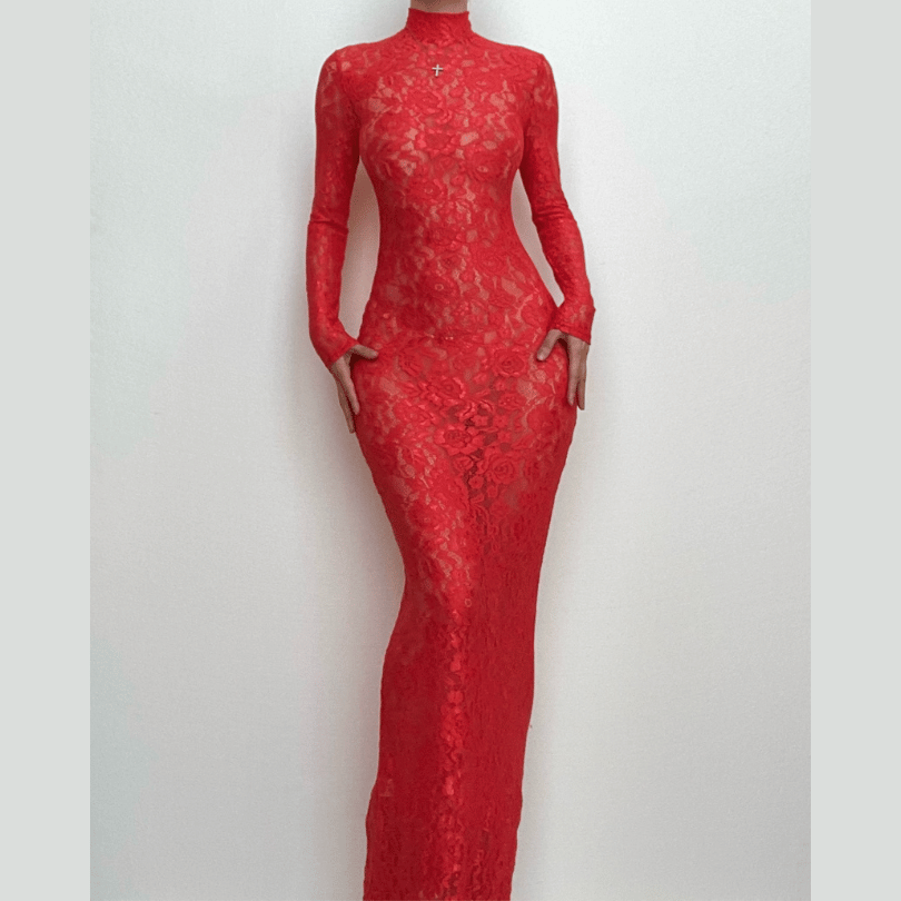 Long sleeve high neck see through lace maxi dress  Vivuki