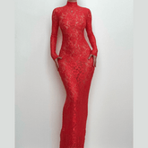 Long sleeve high neck see through lace maxi dress