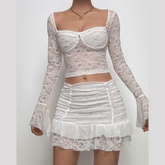 Long flared sleeve ruched lace sweetheart neck solid mini skirt set