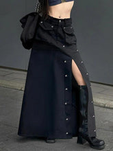 Punk Rivet Decor Big Slit Flap Pocket Maxi Skirt