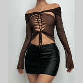 Long sleeve off shoulder lace up hollow out sheer mesh cut out top