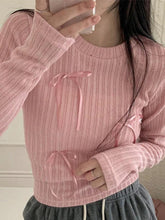 Solid Bow Tie Up Ribbed Crew Neck Long Sleeve Knit