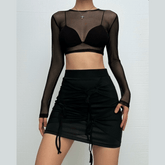 Long sleeve mesh see through knotted mini skirt set