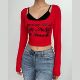 Letter print contrast long sleeve 2 piece crop top - Final Sale