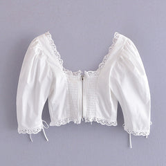 White Short Sleeves Lace Trim Cropped Top