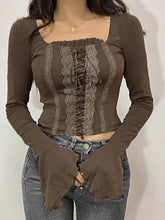 Vintage Lace Trim Splice Square Neck Long Sleeve Tee