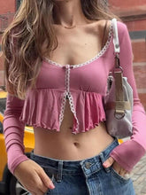 Lace Trim U Neck Slit Cropped Long Sleeve Blouse