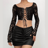 Long flared sleeve lace see through lace up square neck crop top