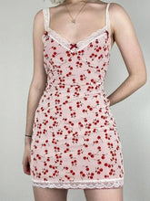 Cherry Print Lace Splice V Neck Mini Dress