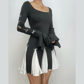 Long flared sleeve bowknot self tie u neck contrast patchwork mini dress