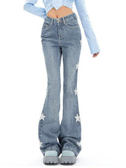Vintage Star Print High Rise Flare Jeans