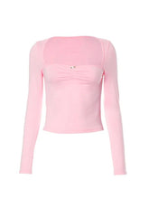 Solid Square Neck Shirred Long Sleeve Tee