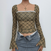 Long flared sleeve plaid print lace hem top