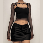 Long sleeve fishnet shrug cross applique 2 piece top