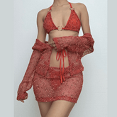 Long sleeve hollow out o ring halter 4 piece mini skirt set