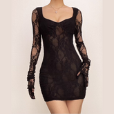 Long sleeve lace gloves see through sweetheart neck mini dress