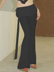Solid Ruffled Trim Tie Up Flare Leg Pants