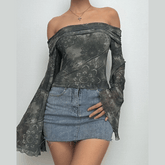 Long flared sleeve off shoulder print mesh top