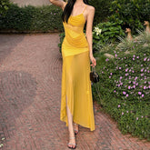Strap Slit Wavy Edge Solid Color Dress