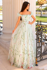 Floral Embroidered Tulle Prom Dresses with Feather