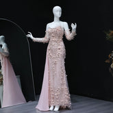 3D Flowers Feathers Mermaid Evening Dress with Sleeves