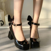 Chunky Heeled Buckle Strap Bow Pump Shoes